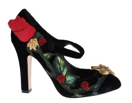 Dolce & Gabbana Black Velvet Roses Mary Janes Lodičky