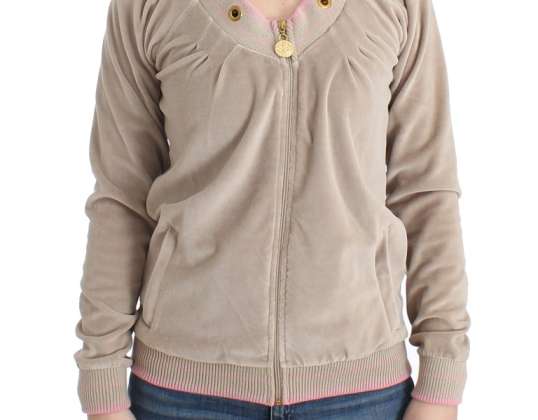 Cavalli Beige Samtpullover mit Reißverschluss