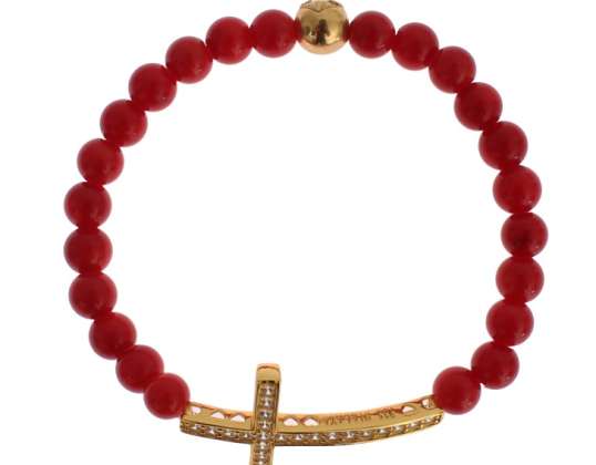 Nialaya Red Coral Gold CZ Cross 925 Silver armband