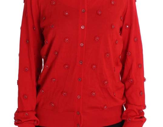 Dolce & Gabbana Red Silk Cashmere Crystal Cardigan Pulover