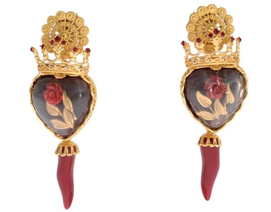 Dolce & Gabbana Gold Red Crystal Roses Heart Dvising Clip On Earring