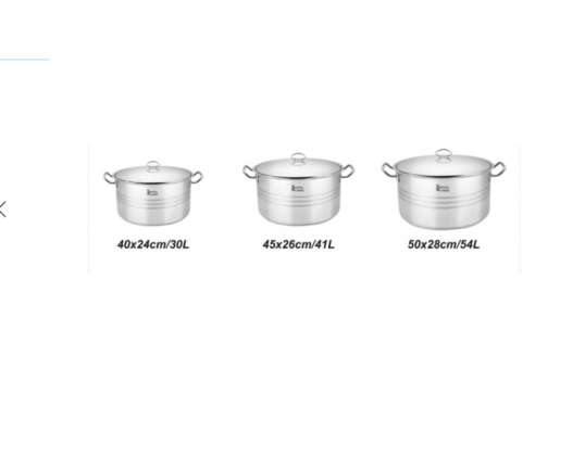 Set of 3 Large Stainless Steel Cooking Pots 30L, 41L - Suitable for Events and Cooking on All Fires