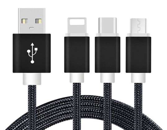 Kabel ładujący Reekin 3 w 1 (USB Micro, USB Type-C i Lightning) - 1,2 metra (czarny-nylon)