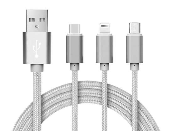 Reekin-kabel (3-i-1 MicroUSB, Lightning & USB-C) 1,2 meter (sølv-nylon)