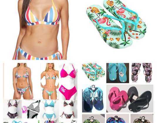 Yaz için çeşitli bikiniler ve parmak arası terlikler
