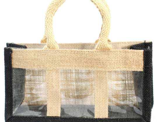 Jute gift bag with 3 windows - black