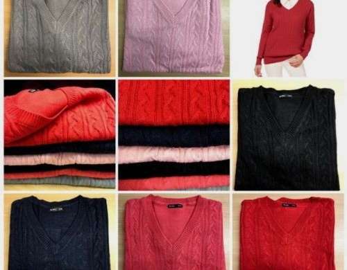 Bulk Purchase of Ladies V Neck Cable Sweaters in Various Colors and Sizes