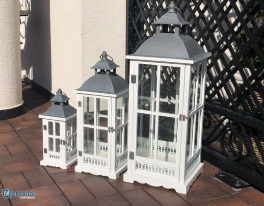 WOODEN LANTERN SET OF 3 PIECES 75CM 54CM 36CM WHITE HOME DECO