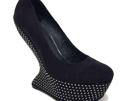 Black leather &#39;La Strada&#39; women shoes with crystal stones