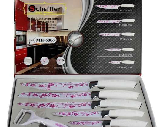 Messerset 6 tlg. Blumenmuster Griff Weiß von Scheffler MH6006