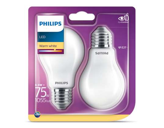 Philips LED Varm Hvid E27 8,5W = 75W 1055 Lumen (2 stk.)