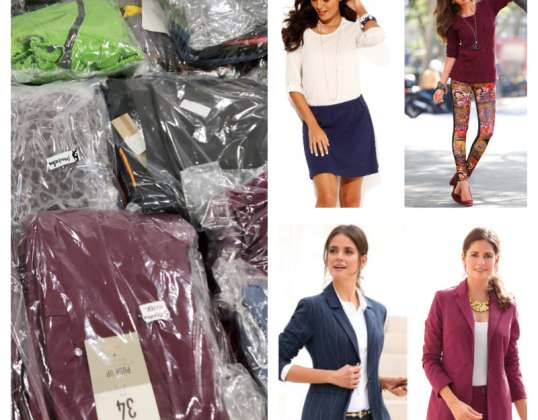 Eksportui skirtų kokybiškų moteriškų drabužių partija - įvairūs prekių ženklai ir Europos dydžiai