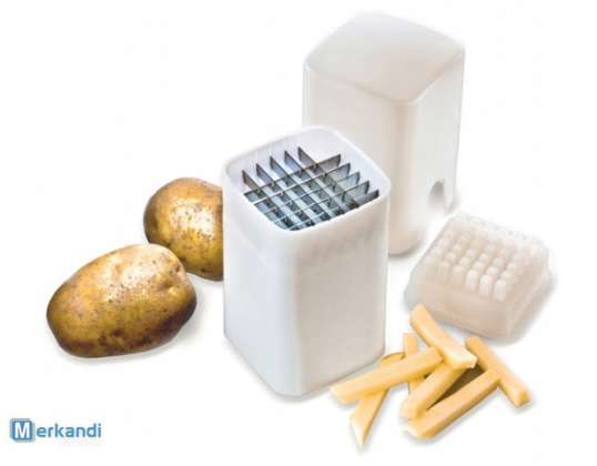 Veelzijdige machine voor het snijden van aardappelen, wortelen en fruit in gelijke reepjes, perfect voor zelfgemaakte snacks