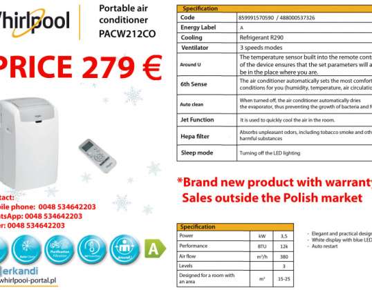 Air conditioner Whirlpool PACW212CO, New, Warranty, 150 pcs.