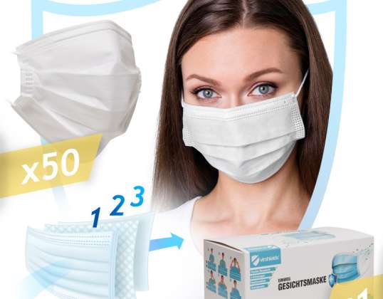 50 Stück Gesichtsmaske 3-lagig weiß Einheitsgröße VS003-00220-0050