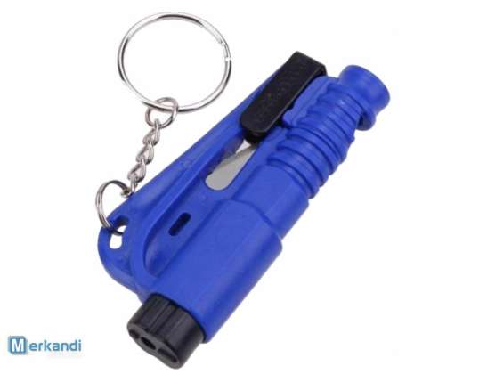 Safety key ring for the driver. A small, but very useful product that combines the features of a glass hammer and a seat belt cutter.