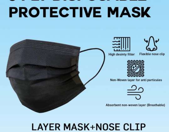 3 PLY Disposable Protective Black Mask - SELL by pallet or M/case