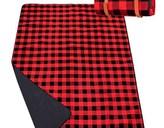Pătură de picnic pe plajă 200x150 cm roșu retro și negru în carouri PM029