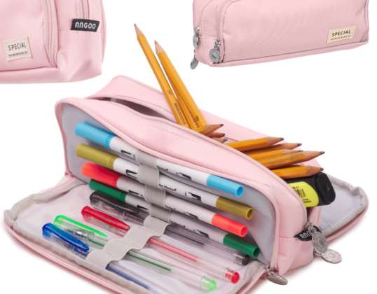 School pencil case triple pouch cosmetic bag 3in1 pink