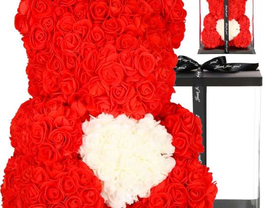 Růžový medvídek 40 cm červený s bílým srdcem dárek HA7225 valentýnský dárek