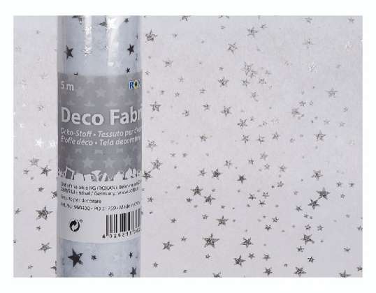 White deco fabric with silver coloured stars, ca. 30 cm x 5 m, on roll