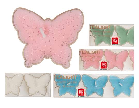 Pastel coloured tealight, butterfly with glitter,  set of 4 pcs., ca. 5 x 4 cm, 4 colours ass., in pvc box