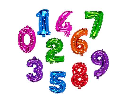 Colourful foil balloons, Numbers 0-9, ca. 40 cm, refillable,10 ass., in polybag with header card