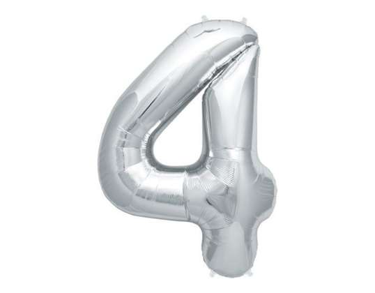 Silver coloured foil balloon, number 4, ca. 80 cm, refillable