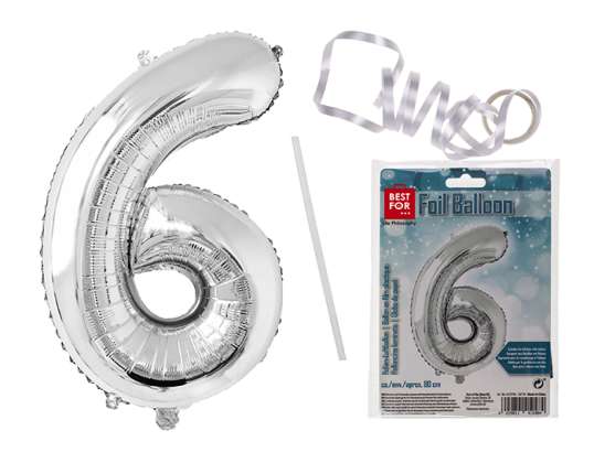 Silver coloured foil balloon, number 6, ca. 80 cm, refillable