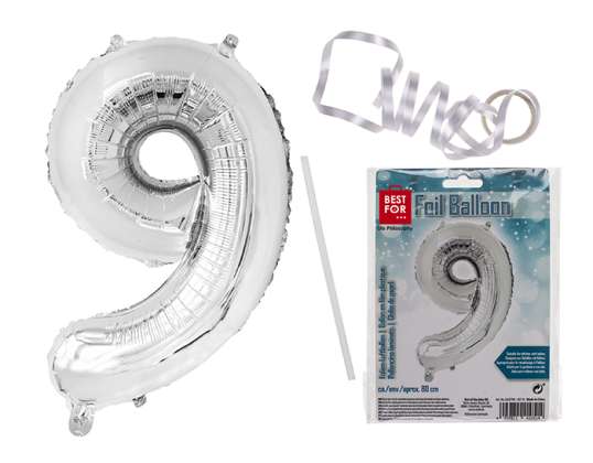 Silver coloured foil balloon, number 9, ca. 80 cm, refillable