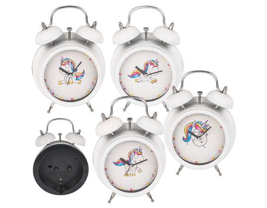 White alarm clock, Unicorn, ca. 12 cm, plastic, 4 colours ass.,  for 1 mignon batteries (AA)