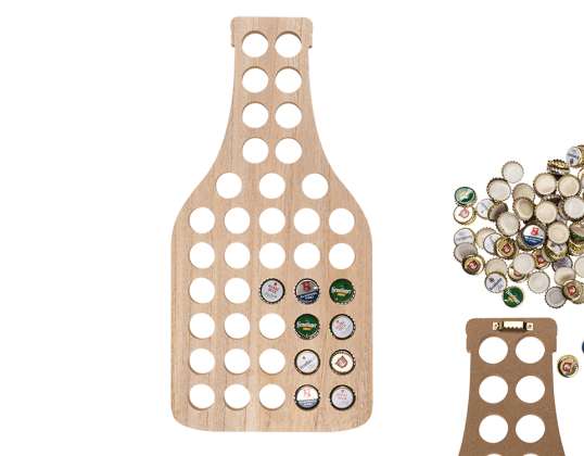 Wooden beer cap collector, in bottle shape, with 41 holes