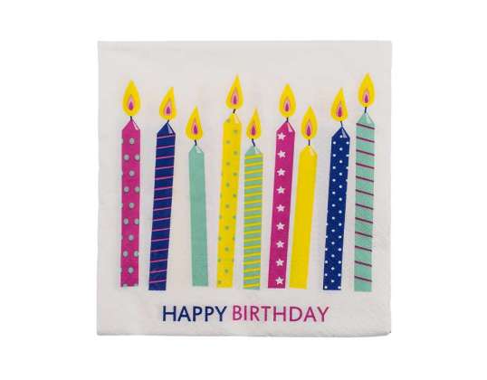 Serviettes en papier, Bougies d’anniversaire, env. 33 x 33 cm, 3 couches, 20 pcs