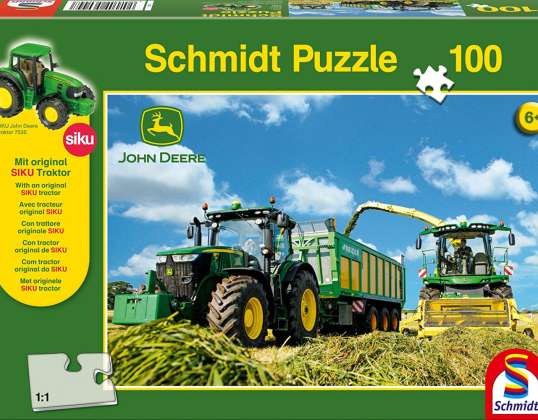John Deere - tractor 7310R con cosechadora de forraje 8600i, 100 piezas, con rompecabezas adicional (tractor SIKU)