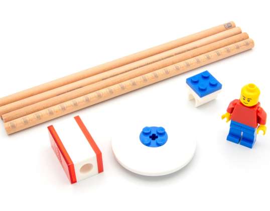 LEGO® brevpapper set - 4 pennor, 1 pennvässare, 1 suddgummi, 1 topper, 1 legofigur