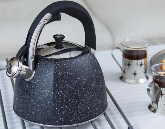 Klausberg KB-7412 Кана от черен мрамор - традиционен 2.2L свистящ чайник от неръждаема стомана