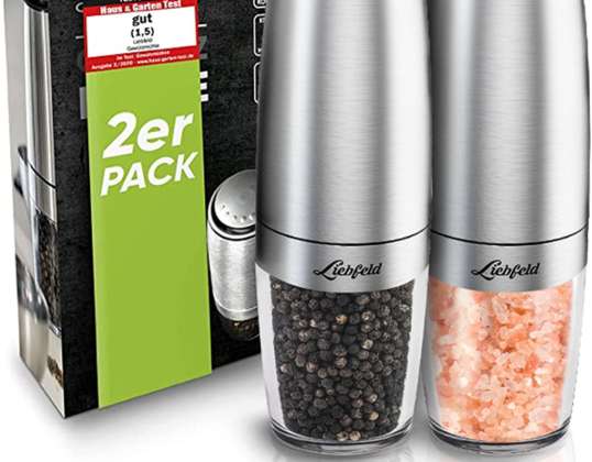 Liebfeld - Salz und Pfeffer Mühle elektrisch [2er Set] mit Kippsensor I Elektrische Pfeffermühle und Salzmühle I Gewürzmühle Salt and Pepper Mill