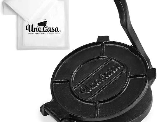 Uno Casa Tortilla Presse 20 cm - Hochleistungs-Gusseisen Tortilla Maker - Bonus 100 Stk. Pergamentpapier