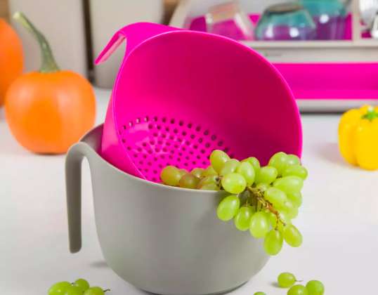 Kassel 93701 Bowl &amp; Colander Set, High-Quality Plastic, Grey &amp; Pink, 4L Capacity, 23x18 cm