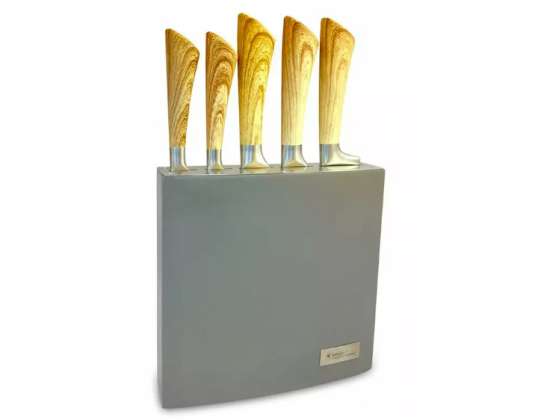 Kassel 93307 Juego de cuchillos profesionales con soporte de madera - Herramientas culinarias de acero inoxidable, colección de 5 piezas