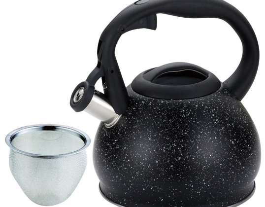 Kinghoff 1.2L Black-Marble Whistling Kettle with Strainer, Induction-Friendly Steel Design
