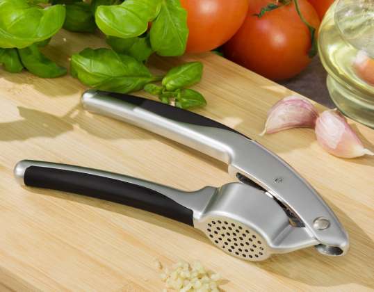 KINGHOFF Satin Steel Garlic Presser with Non-Slip Silicone Handles - High Quality Stainless Steel Kitchen Tool