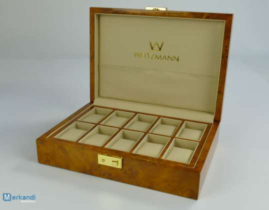 Multi Watch Box Made of Wood, Bright - Luxury Watch Box in Root Wood Design, Very Elegantly Processed by Hand - Storage Space for 10 Watches - Lockable