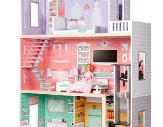 Wooden dollhouse with pastel furniture, 117 cm