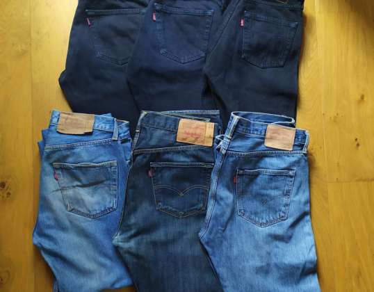 Pakke med 38 Levi's 501 Vintage jeans for herre - størrelse 29 til 38, svart og blå, 90-tallet inkludert