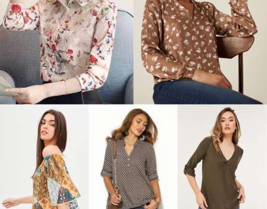 Olika grossistskjortor och blusar för kvinnor – storlekar XS till XL – polyester, bomull och lycra