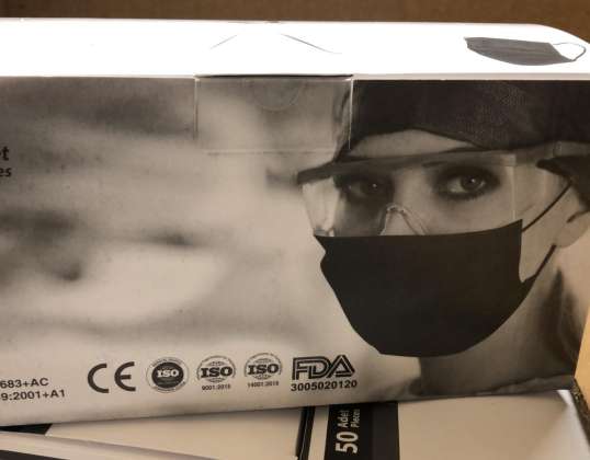 Sterilna črna medicinska 3-slojna kirurška maska - škatla s 50 kosov - tip 2R - dimenzije 175 x 95 mm - trgovina na debelo