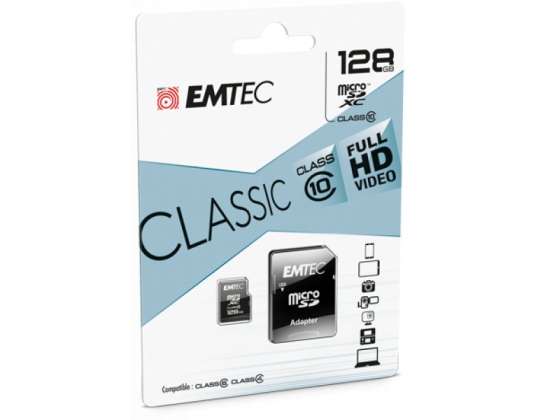 MicroSDXC 128 ГБ EMTEC + адаптер CL10 CLASSIC в блистере