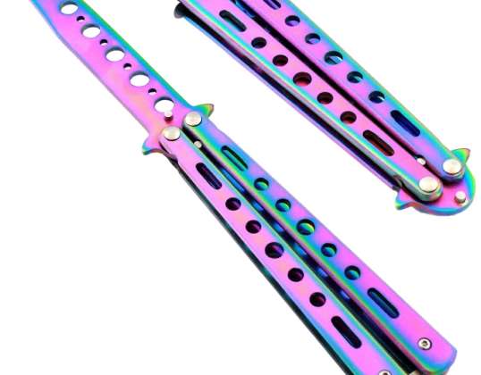 TRAINING BUTTERFLY KNIFE FOR SAFE PRACTICE WITH BLUNT BLADE, METAL HANDLE, MULTICOLOUR