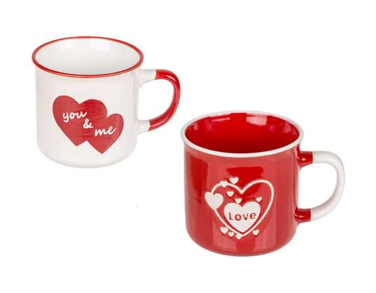 Mug, "Love" &amp; "You &amp;Me", rdeče-beli mešani, približno 9,8 cm, glina, v darilni škatli